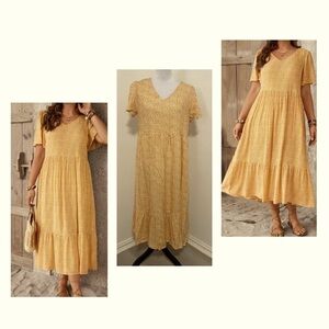 Ditsy Floral Print Dress, Vacation V Neck Short Sleeve Ruffle Hem Dress Large